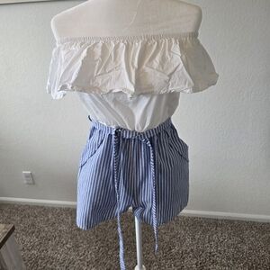 Revamped Blue and White Striped Paperbag Waist Romper